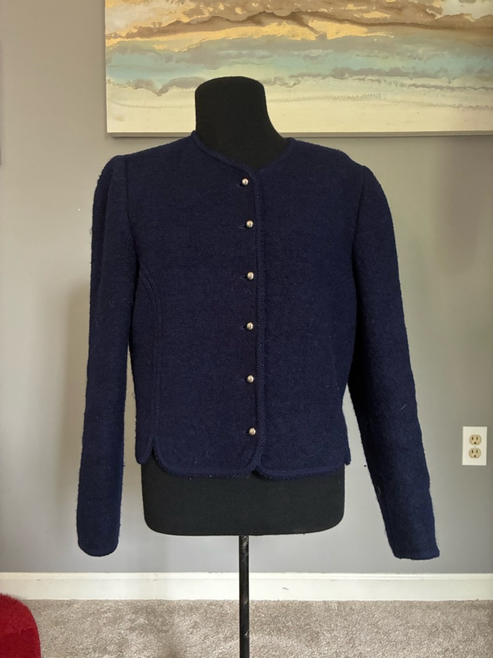 Navy 100% Wool Button-Front Cropped Jacket